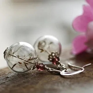 Transparent glass ball earrings with dandelion seed design in 16mm size with French hook backing