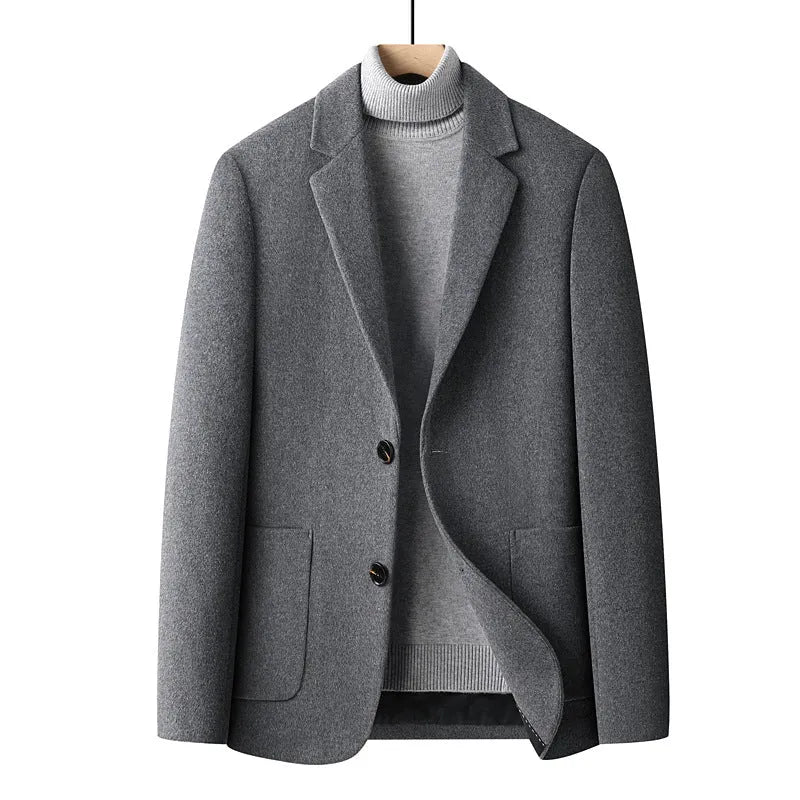 Men's slim-fit wool blend suit jacket in grey on a hanger