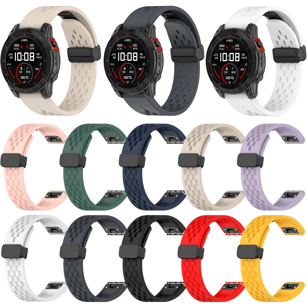 Garmin Fenix quick release watch strap in multiple colours showing quick release pins and included utility knife
