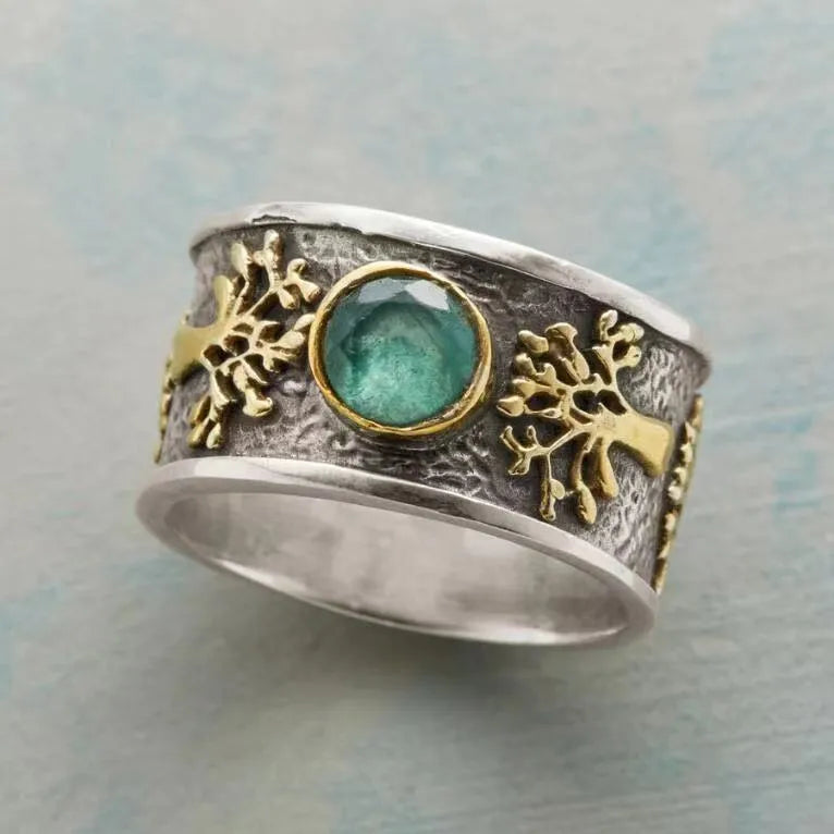 Light green vintage alloy ring with constellation modelling and geometric design featuring artificial gemstone inlays