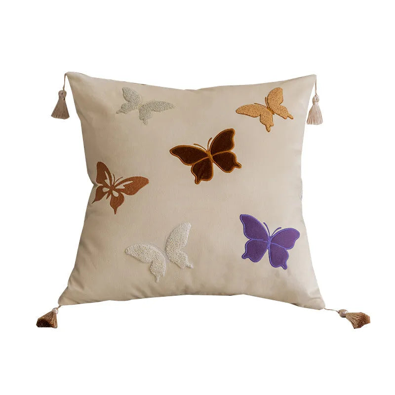 Square beige cushion with detailed Chinese style butterfly embroidery, 45x45cm.