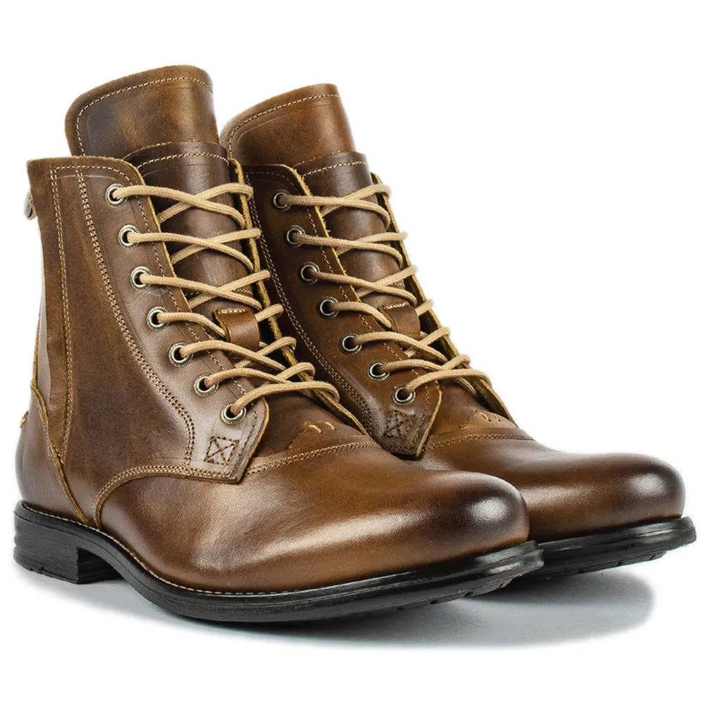 Knight Series black leather men's boots with a side zipper and low heel on a plain background.