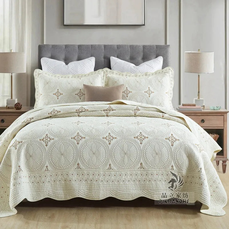 European style double thick pure cotton bed cover with embroidery, two pillowcases, on a 1.8 metre bed.