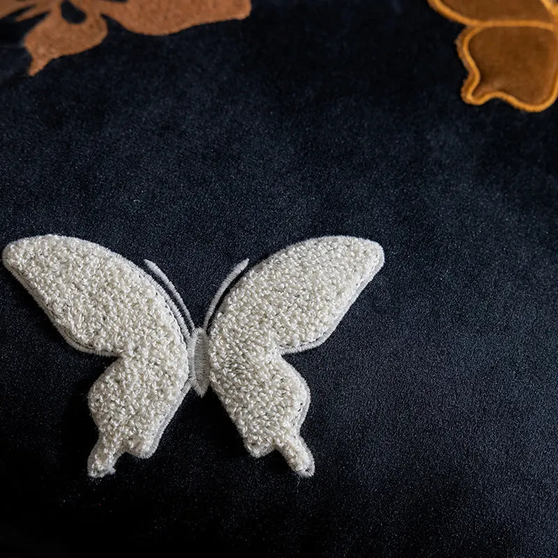 Square beige cushion with detailed Chinese style butterfly embroidery, 45x45cm.