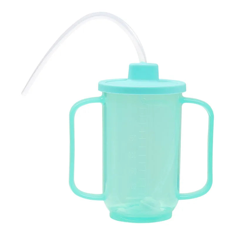 Adult care choking prevention drinking cup with handle and lid, made from white PP plastic.