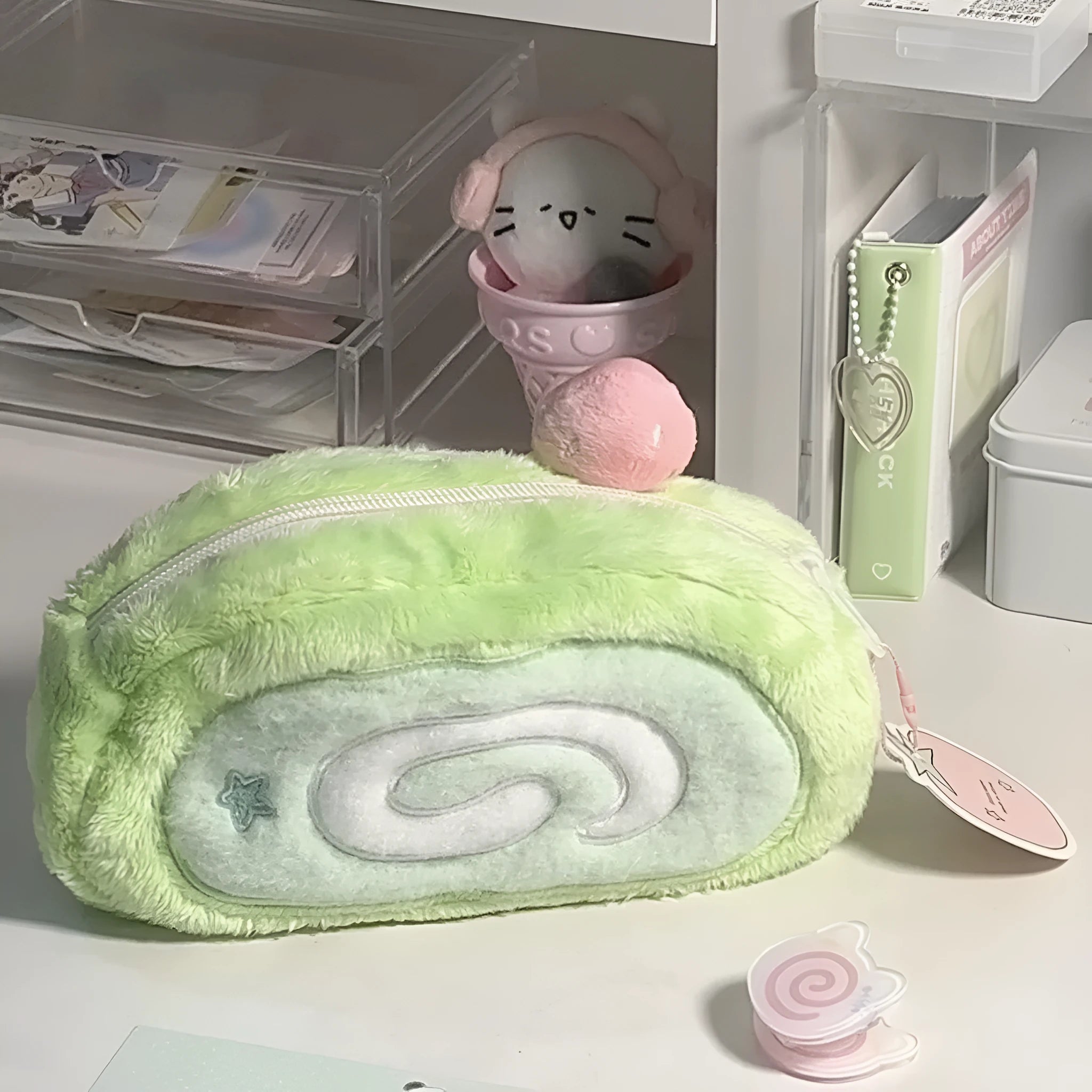 Honeydew Roll plush velvet Swiss roll cake design pencil case for stationery storage.