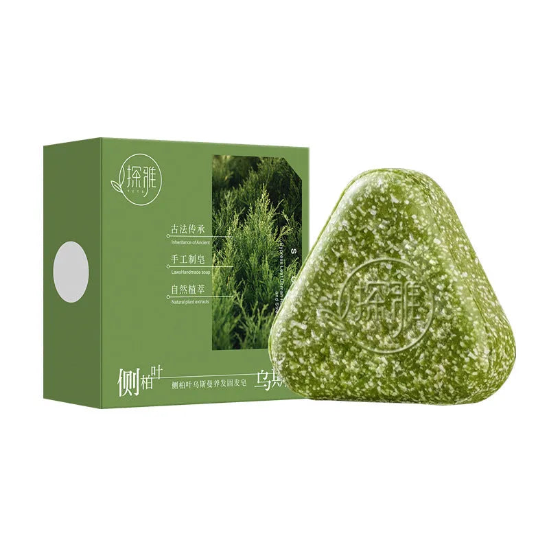 Chinese arborvitae twig Usman hair fixing soap bar, 120g, compact rectangular shape.