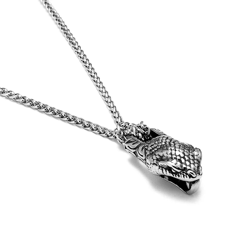 Retro geometric snake head pendant necklace for men on a leather chain