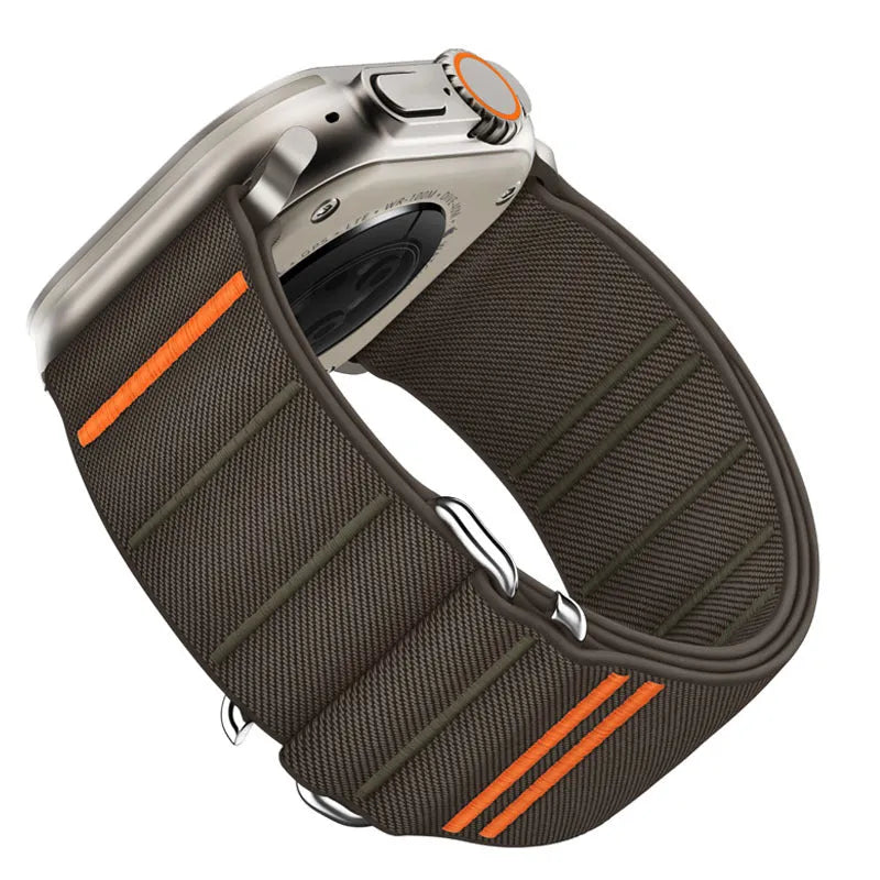 Elastic nylon Apple Watch replacement band with stainless steel buckle in Army Green colour