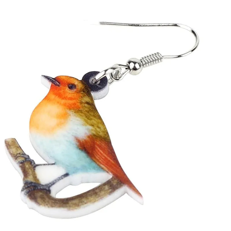 Blue titmouse and geometric snake design on lightweight acrylic drop earrings