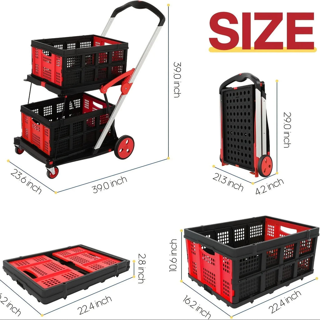 Personality foldable shopping trolley with two plastic baskets in blue, shown collapsed and upright.