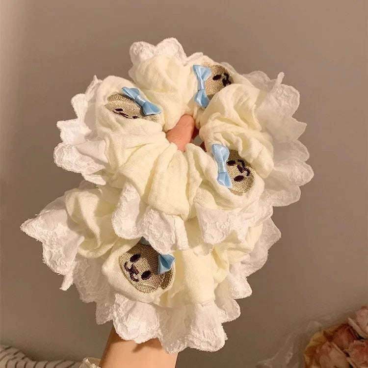 Bear blue bow lace large intestine hair ring with cloth material and high elasticity