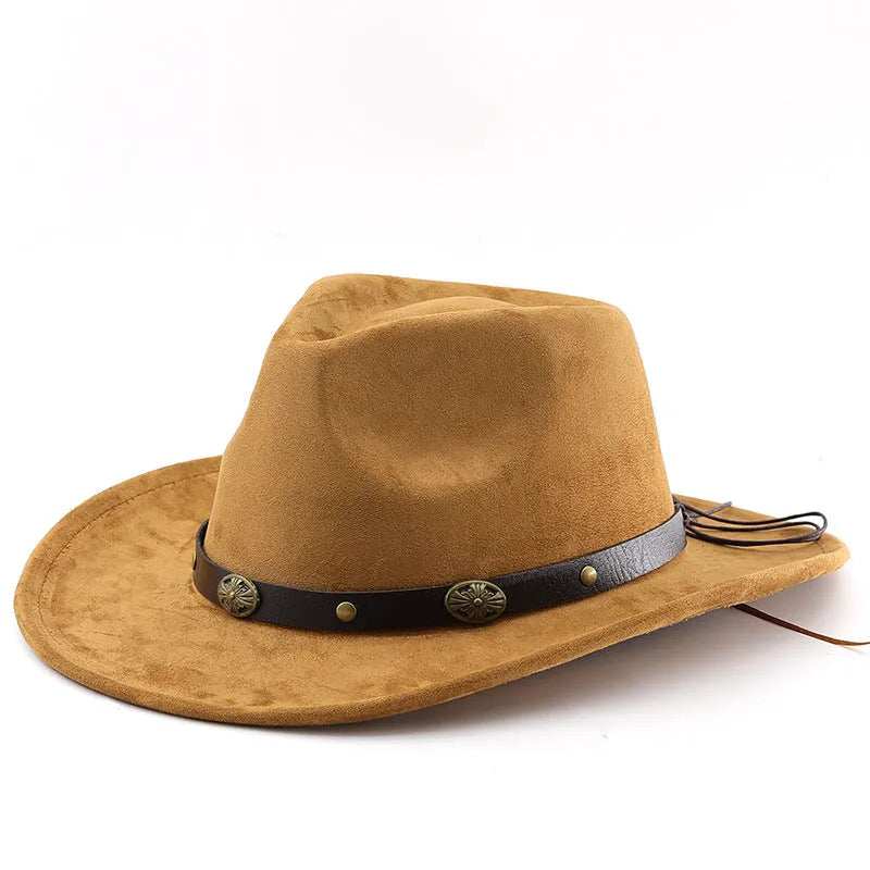 Brown leather velvet cowboy hat with curved edge and conical crown Western style
