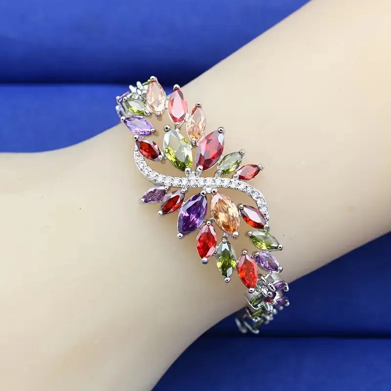 Copper bracelet with gold electroplating, micro inlaid zircon stones and ice flowers design in multiple colour options