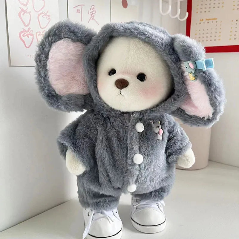 Grey elephant costume jumpsuit for a 30cm plush teddy bear on a neutral background.