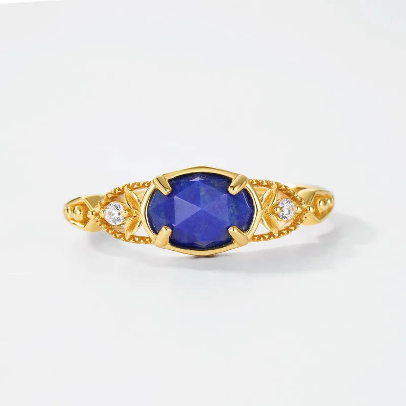 Silver alloy ellipse ring with natural lapis lazuli stone Japanese style women's jewellery