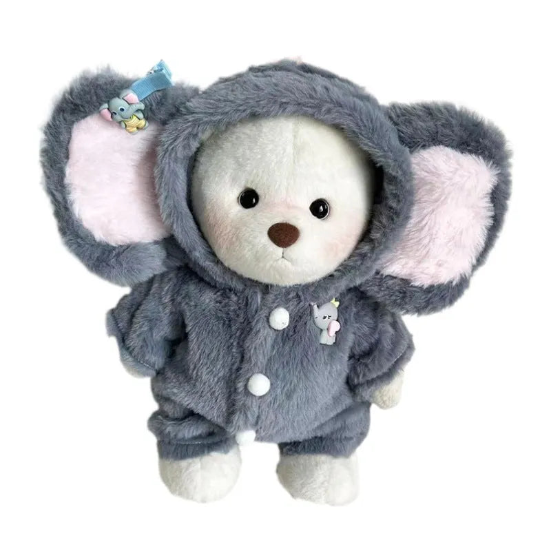 Grey elephant costume jumpsuit for a 30cm plush teddy bear on a neutral background.