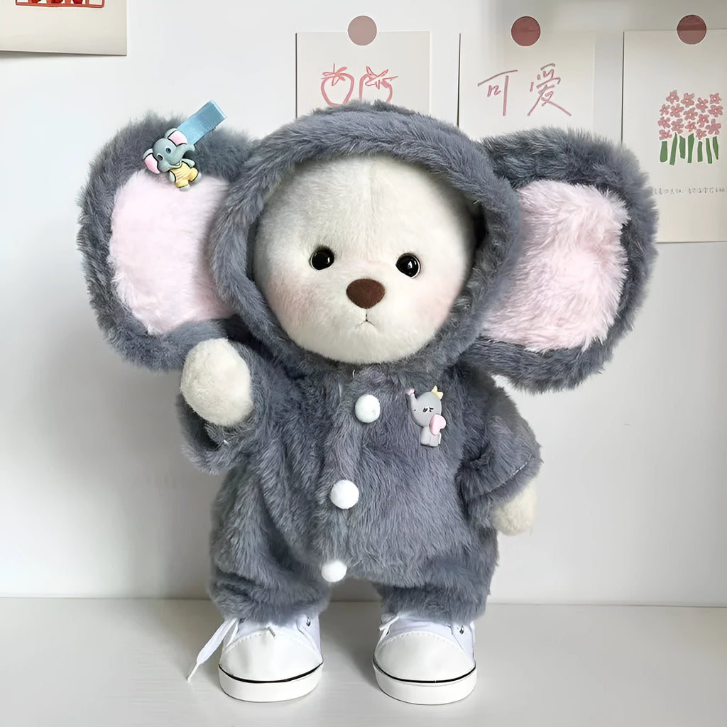 Grey elephant costume jumpsuit for a 30cm plush teddy bear on a neutral background.