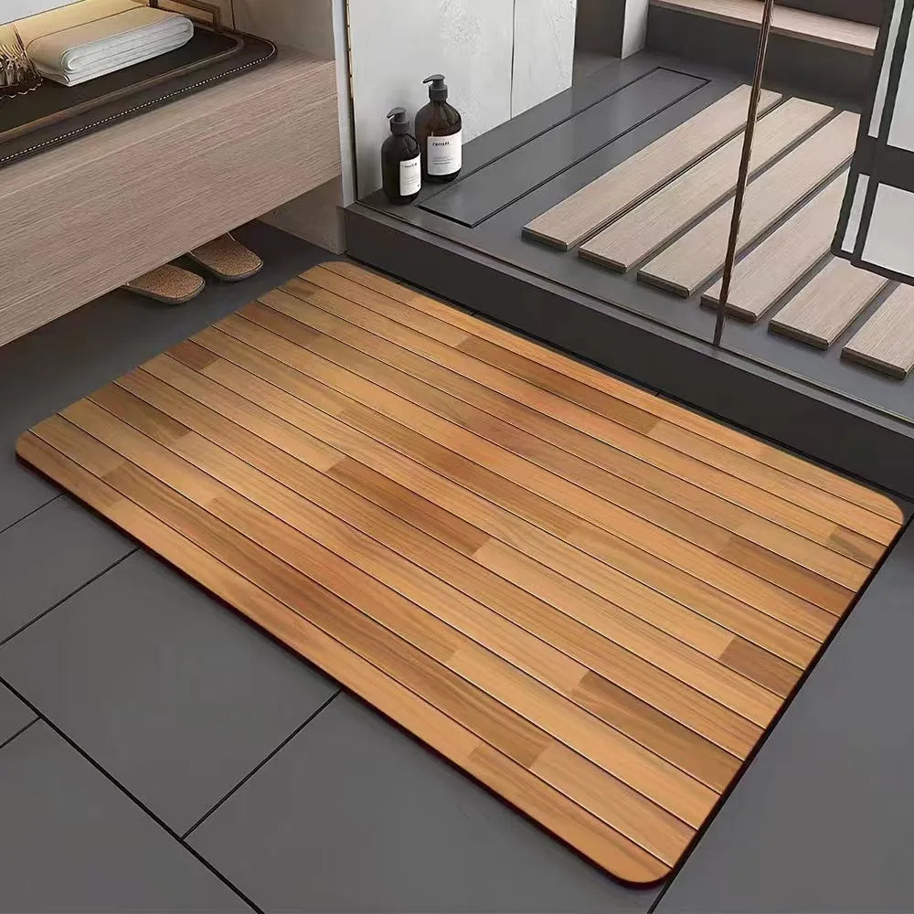 Square diatomaceous earth bathroom floor mat with geometric pattern and wood-grain colour design.