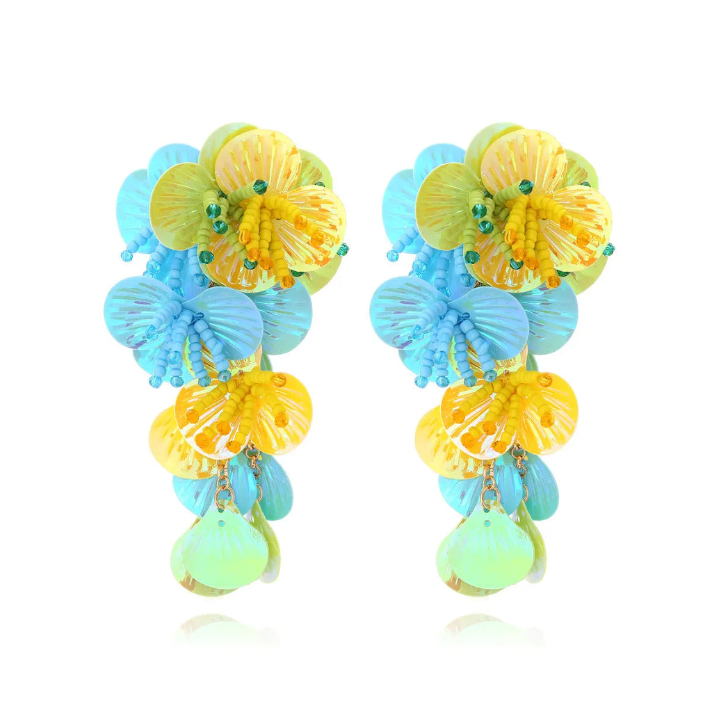 Colourful handmade flower earrings with string beads in rose and purple colour options