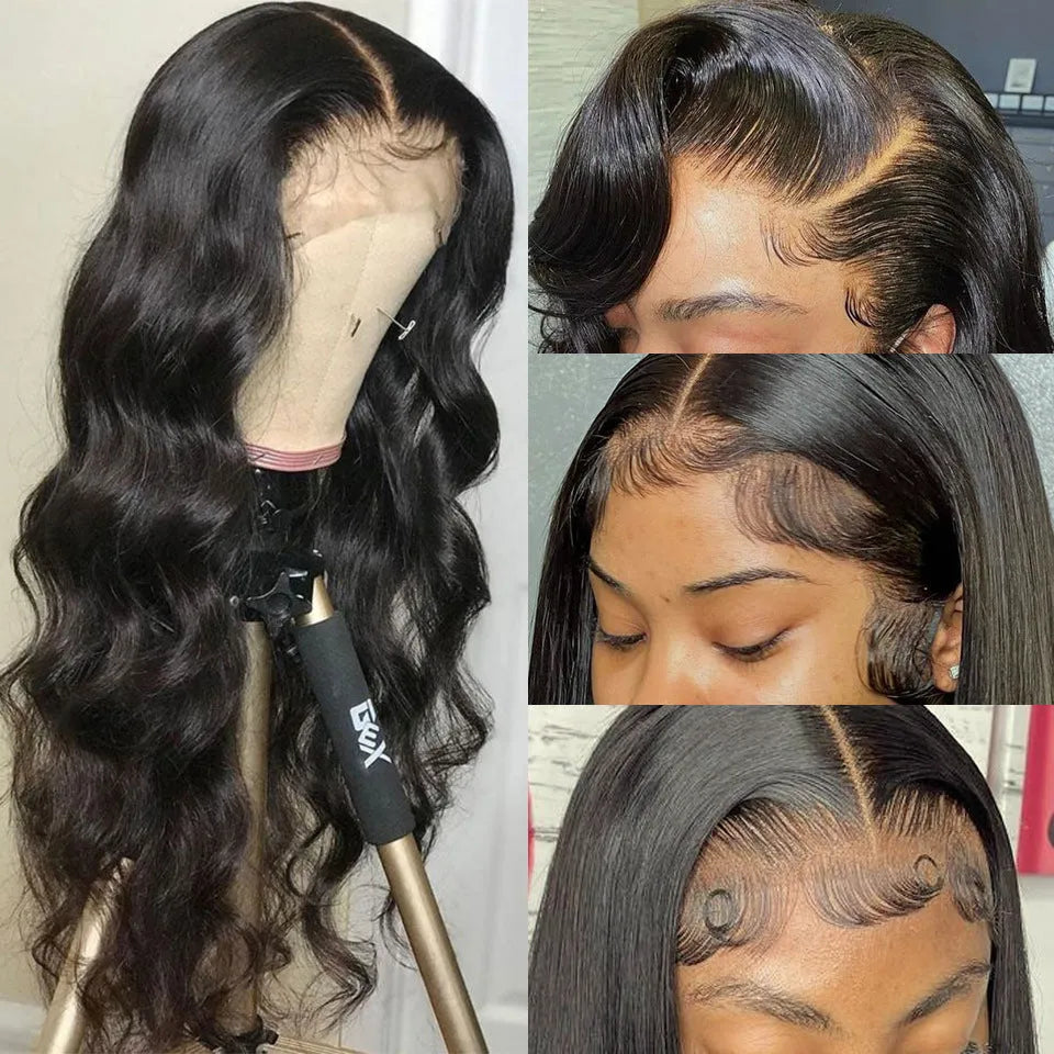 A black synthetic front lace wig with long curly hair and side-swept bangs, displayed on a wig stand.