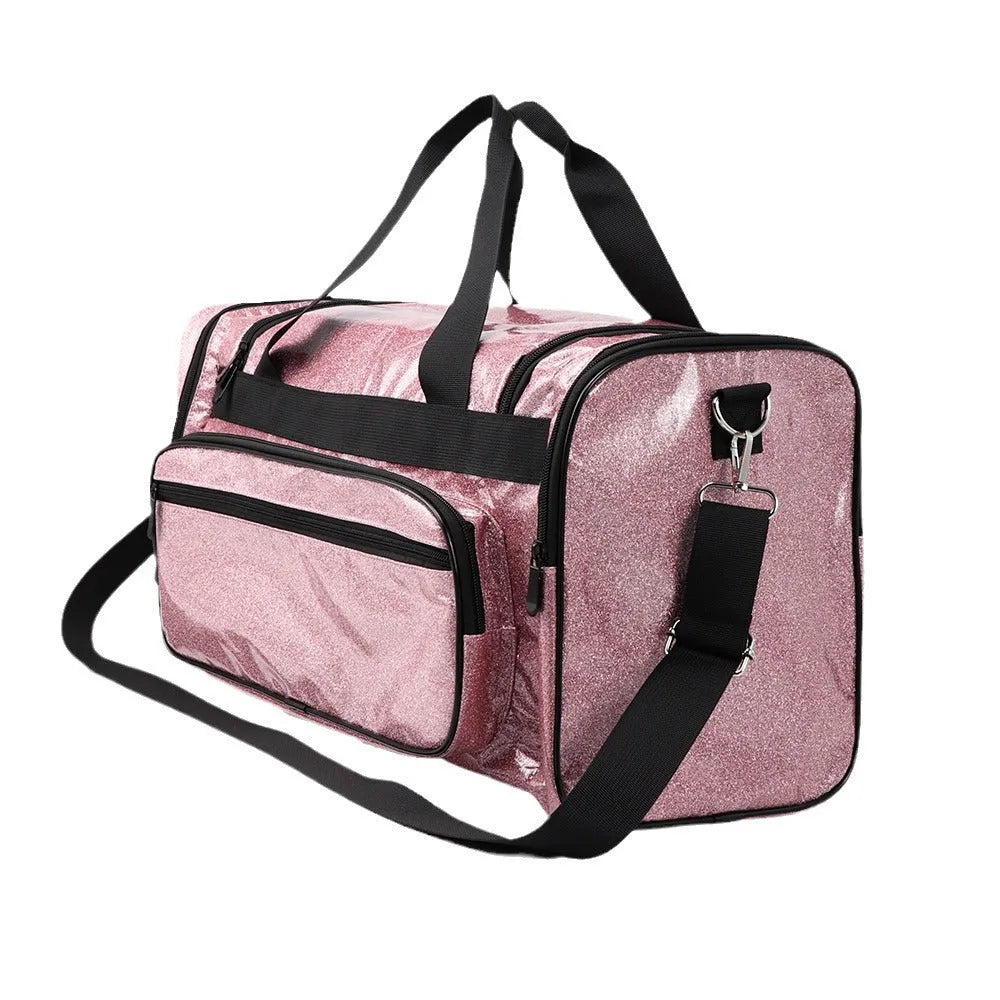PU leather sports handbag with dry wet separation in blue colour showing 48x26x22cm dimensions