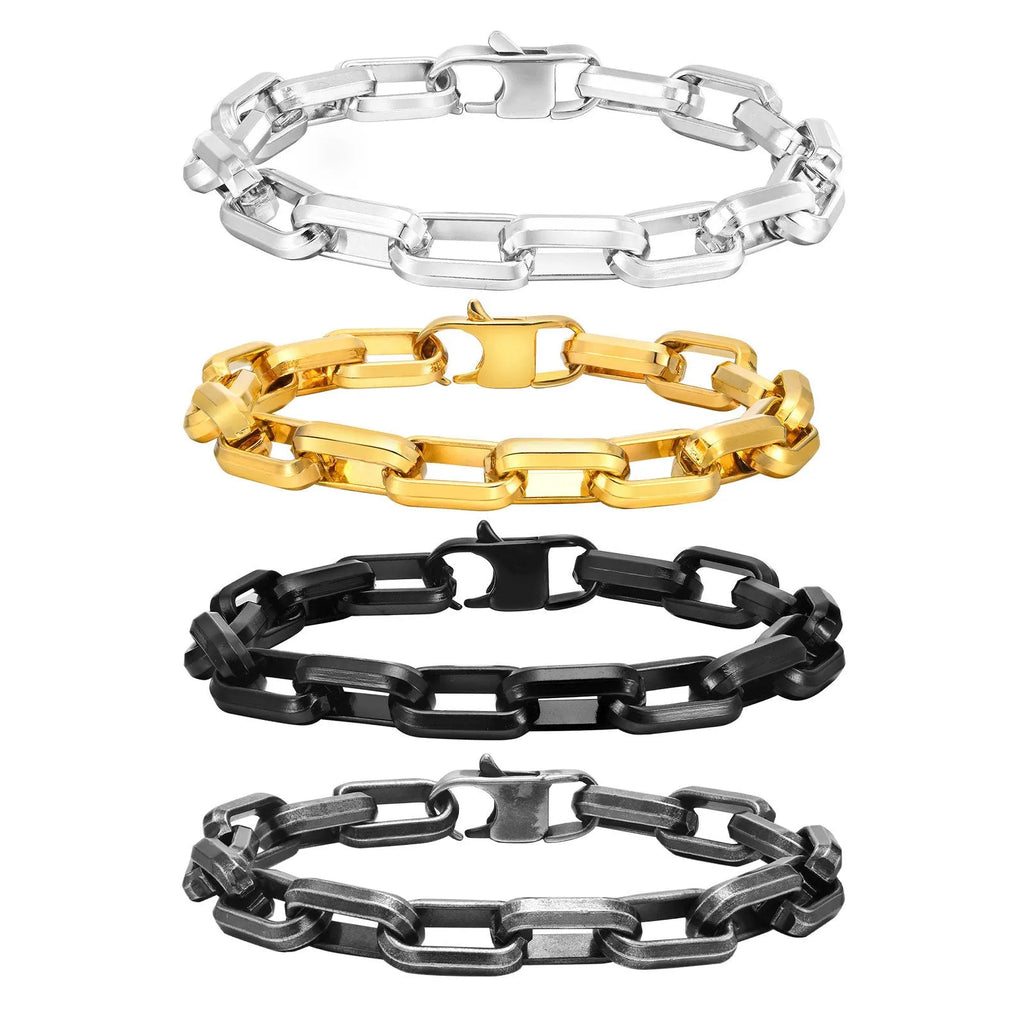 Men's titanium steel bracelet with a square chain design in a choice of gold, black, steel, or retro colour.