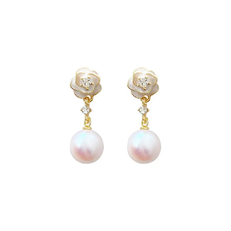 Camellia pearl flower stud earrings for women with alloy flower shape and silver-tone pearl detailing