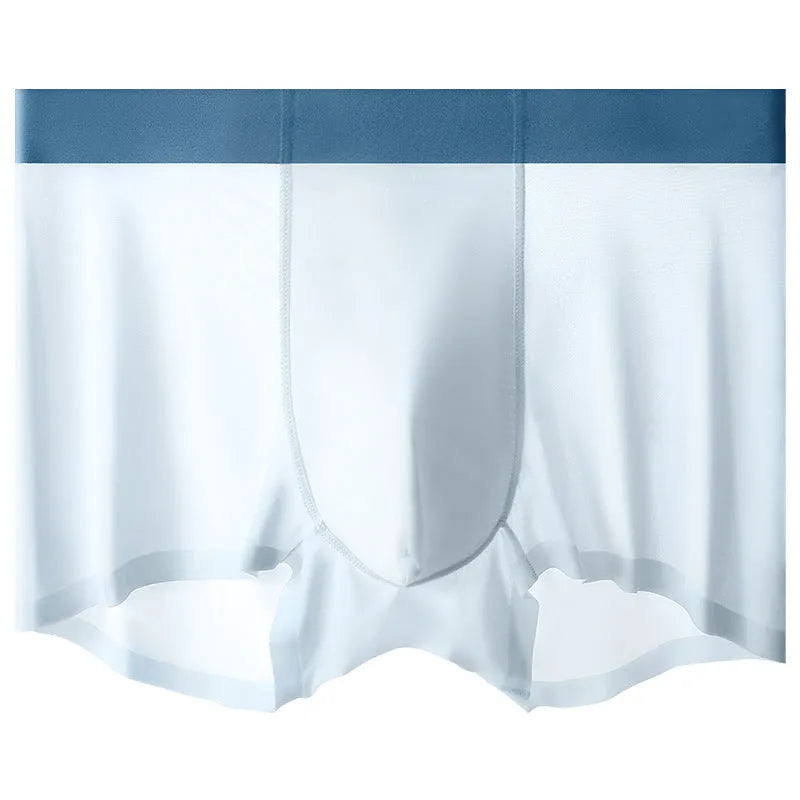 Men's ice silk antibacterial shorts in light blue showing seamless mid waist design