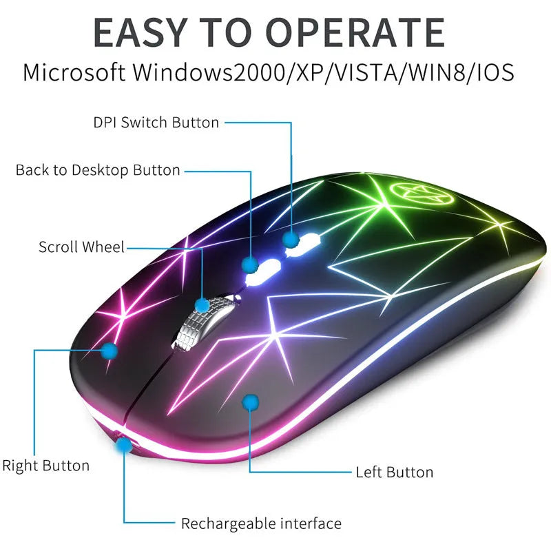 Wireless Bluetooth gaming mouse with luminous charging indicator and metal scroll wheel in black colour