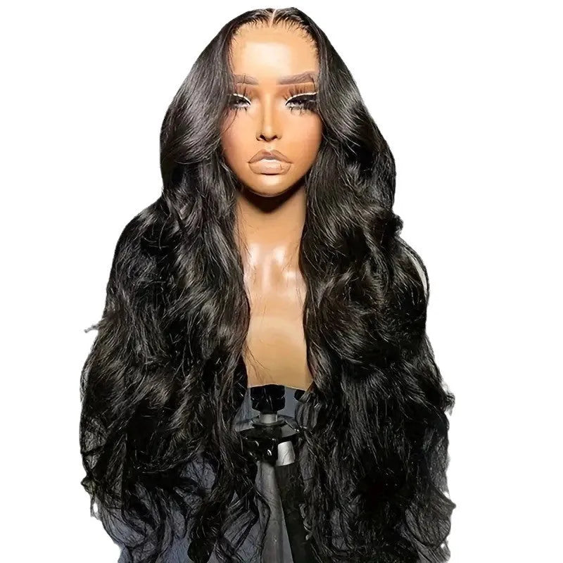 Black synthetic lace front wig with big wave styling, shown on a wig stand.