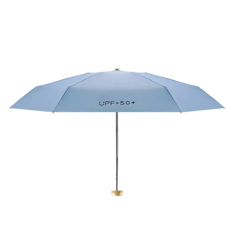 Five-fold compact sun umbrella showing folded size and available colour options including black, yellow, green, pink, purple, and blue