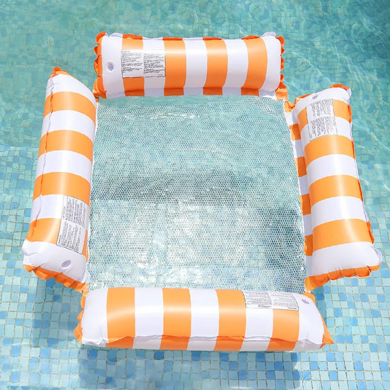 Inflatable four-tube striped floating chair on water, showing light blue longitudinal stripes and mesh centre.