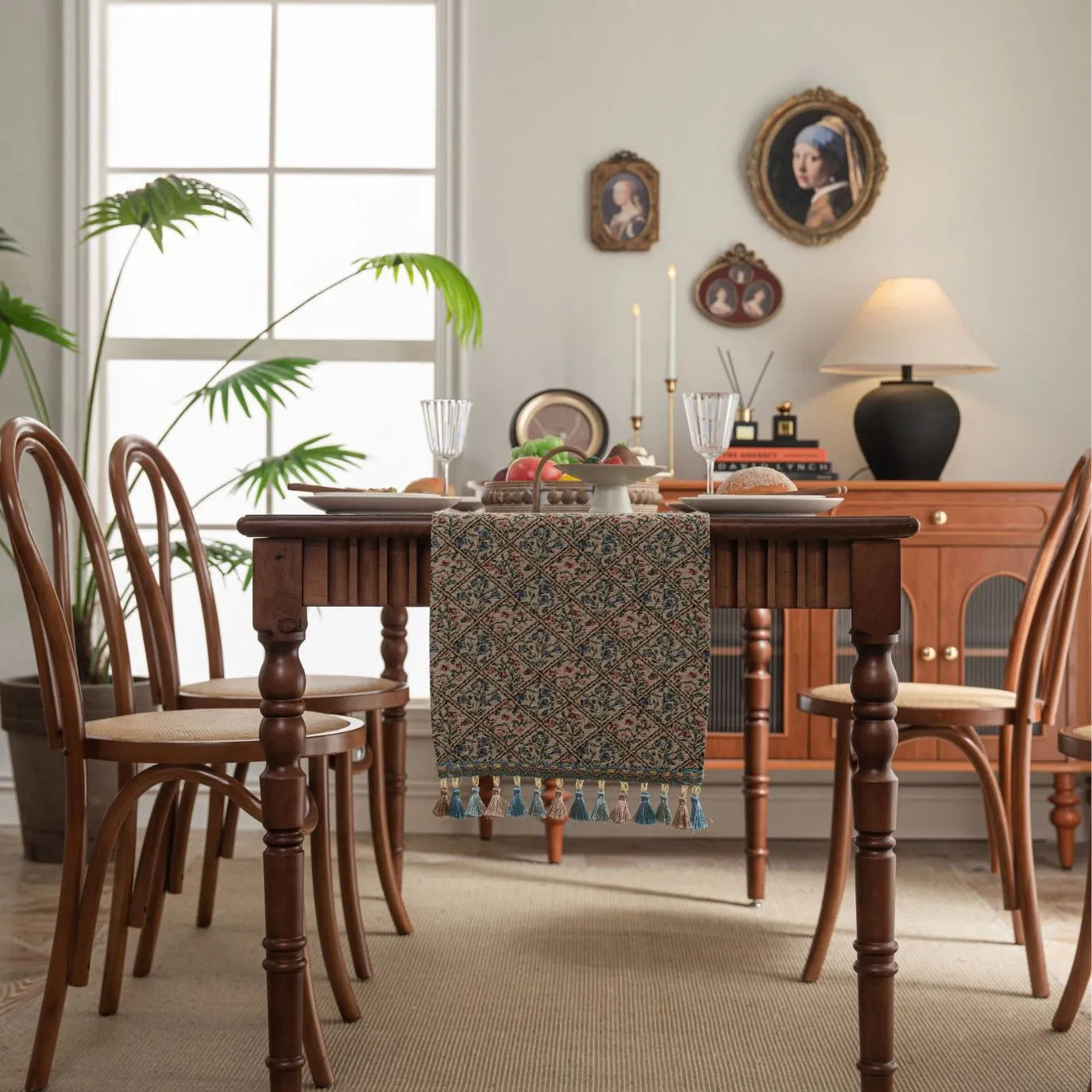 Nordic jacquard table runner with striped pattern and tassel fringe trim in dark blue colour
