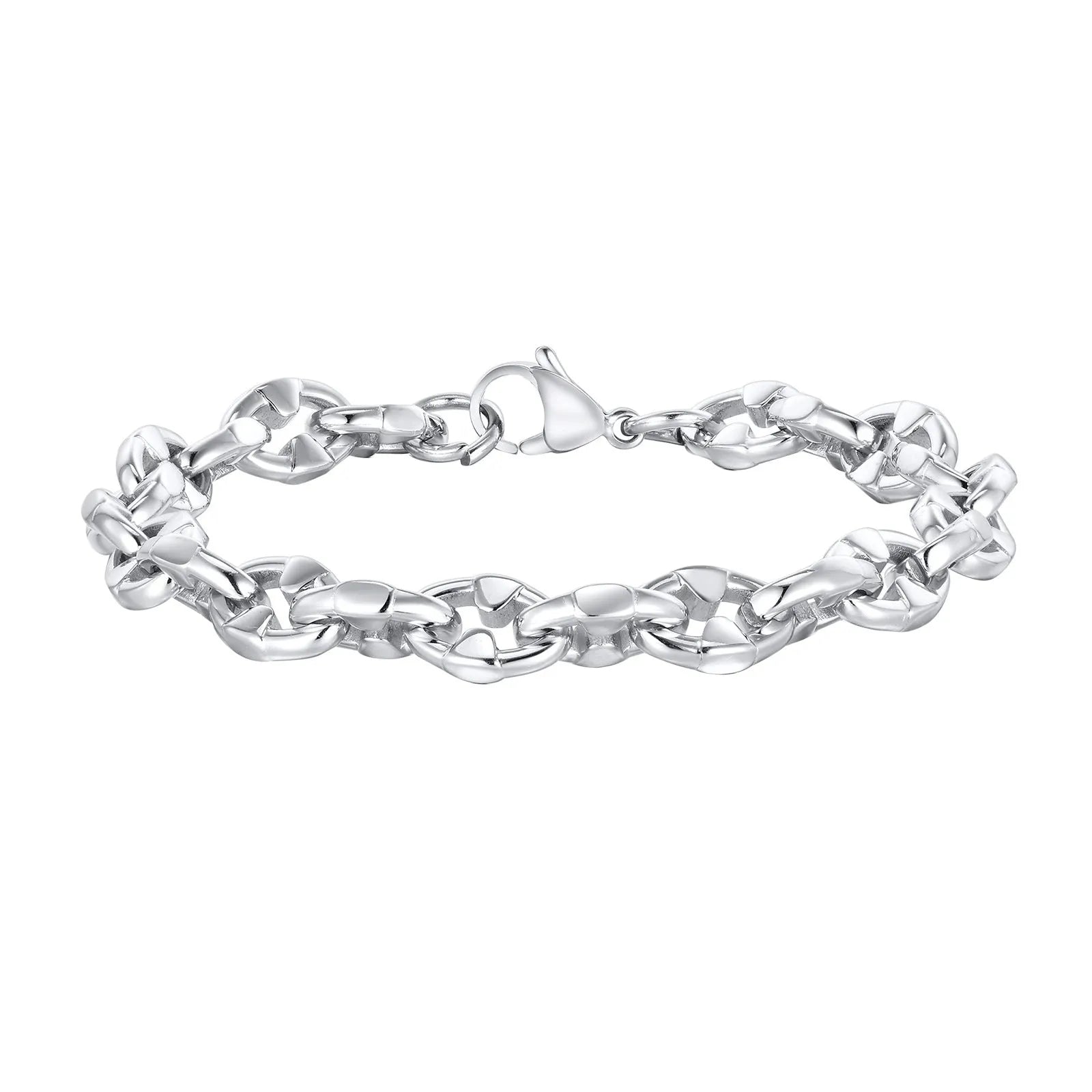 Handmade stainless steel thick geometric chain bracelet in steel colour.