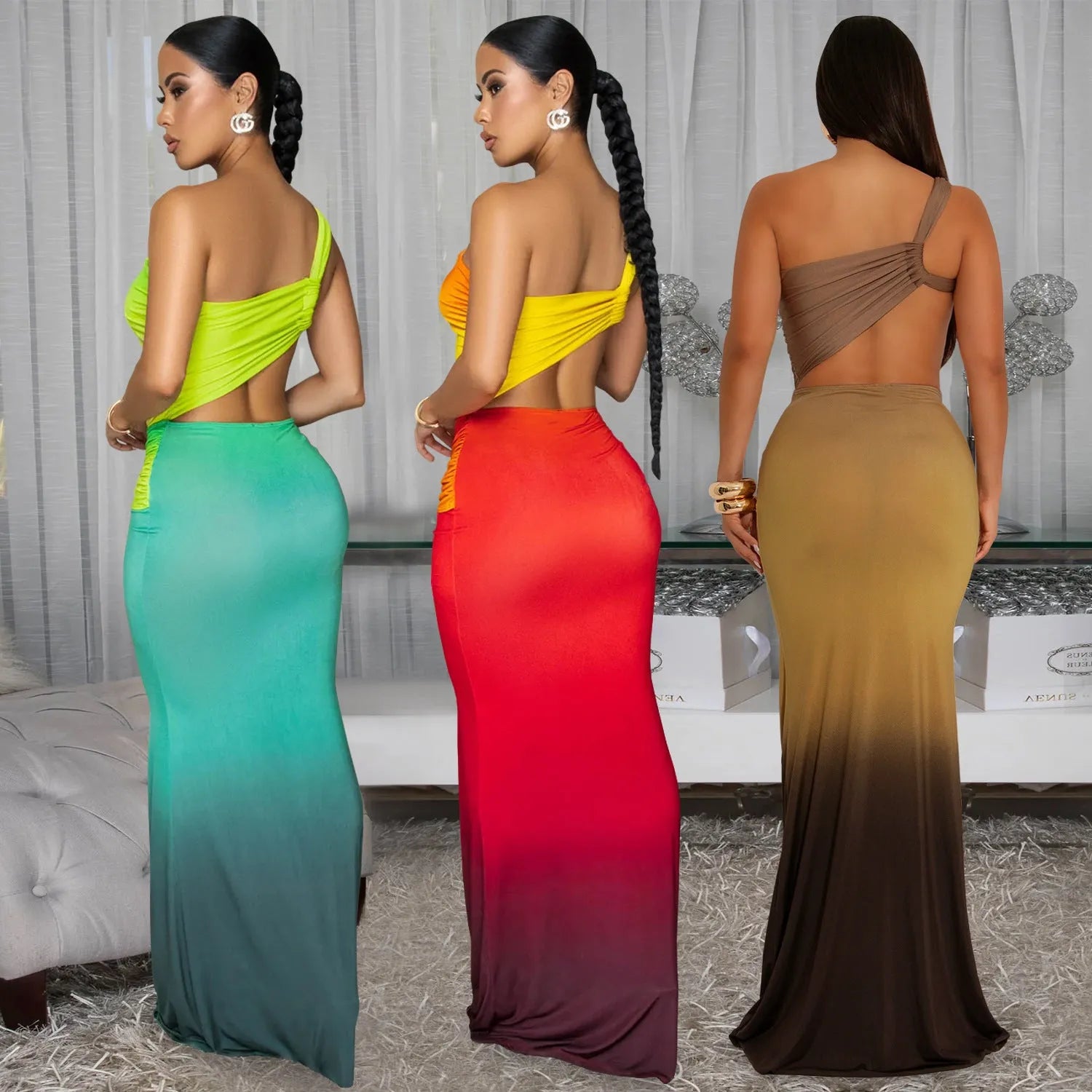 Women's gradient colour cross-shoulder sleeveless dress with a long skirt, shown in brown.