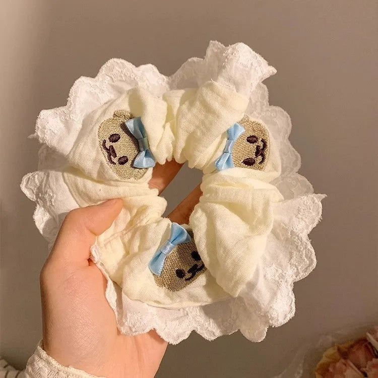 Bear blue bow lace large intestine hair ring with cloth material and high elasticity