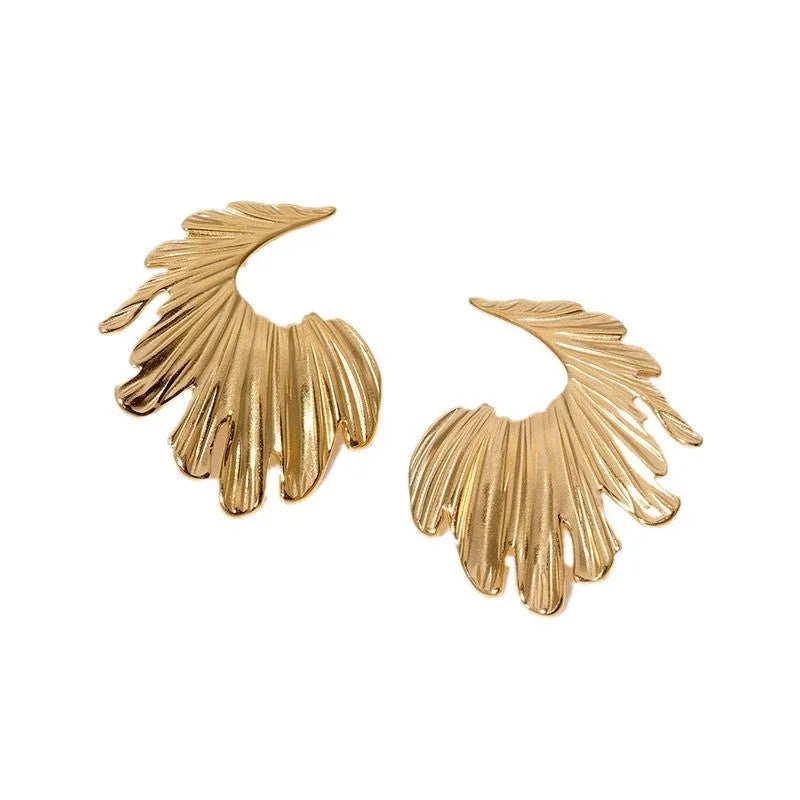 Stainless steel stud earrings with leaf design in gold and steel colour options