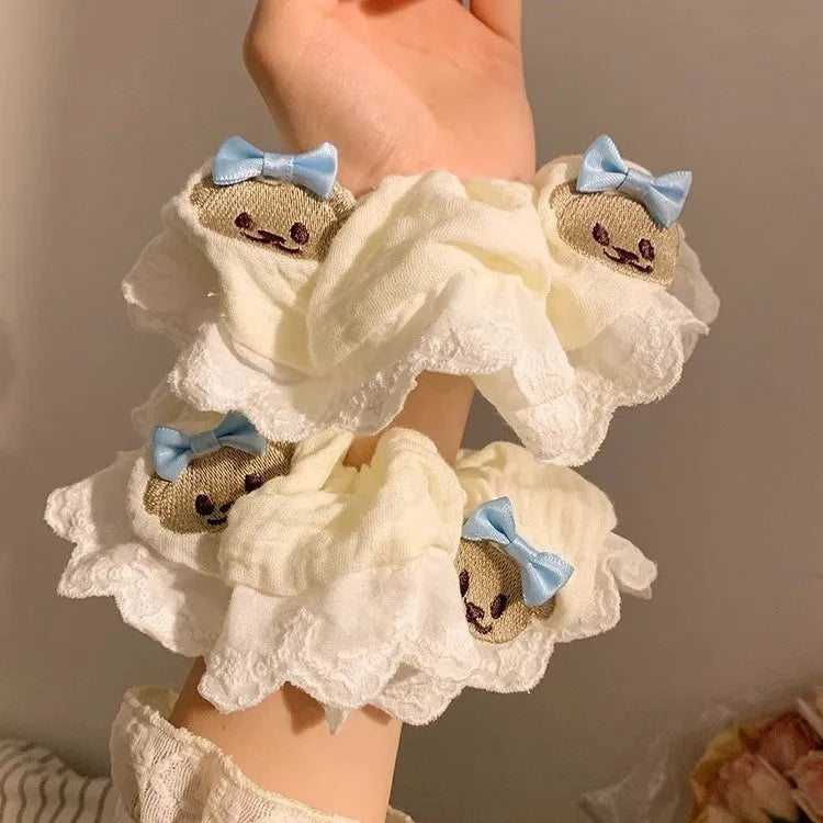 Bear blue bow lace large intestine hair ring with cloth material and high elasticity