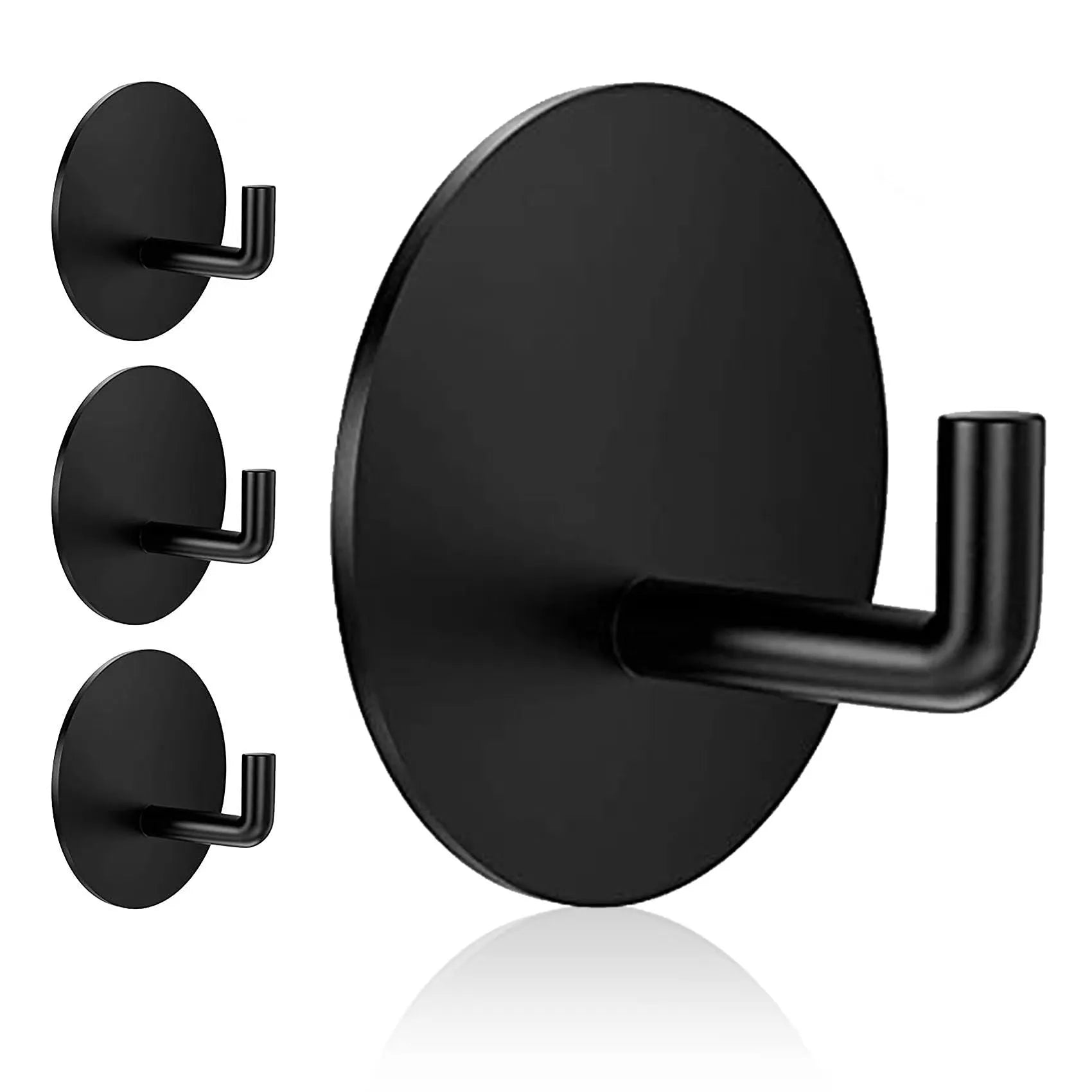 Stainless steel self-adhesive round wall hook shown in black and polished finishes.