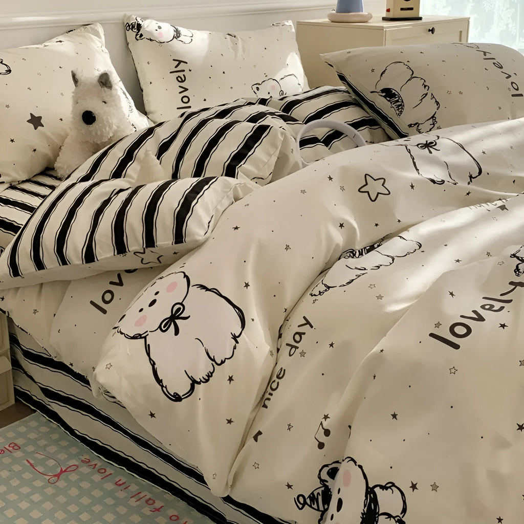 Cartoon dog pattern 100% cotton duvet cover and pillowcases on a single bed with a fitted sheet.