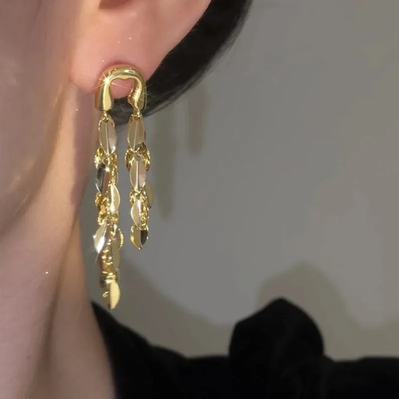 Silver wheat earrings with long fringe tassel and geometric metal design, electroplated drop earrings for women
