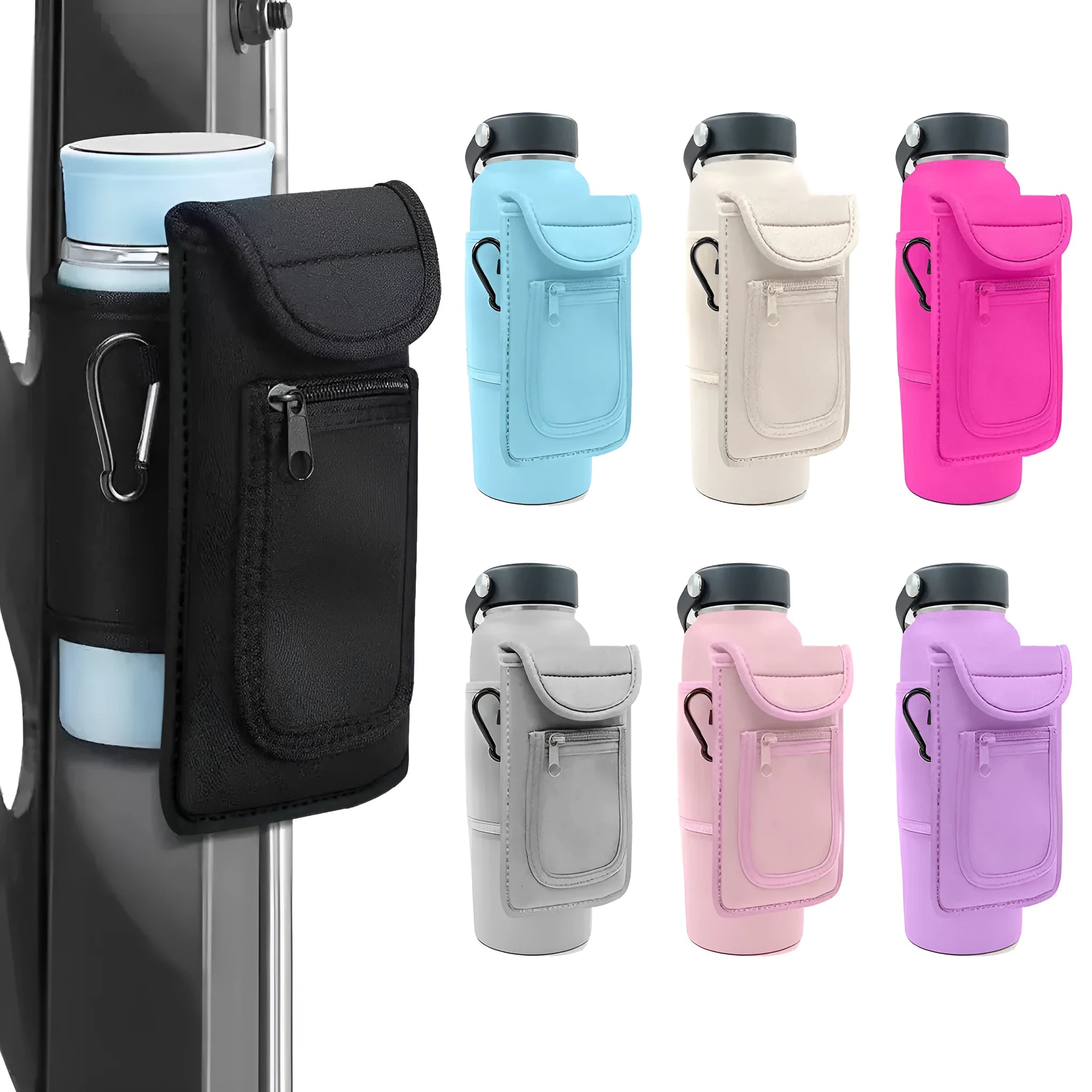 Cloth kettle cover sleeve with magnetic closure and carabiner clip options in various colours.