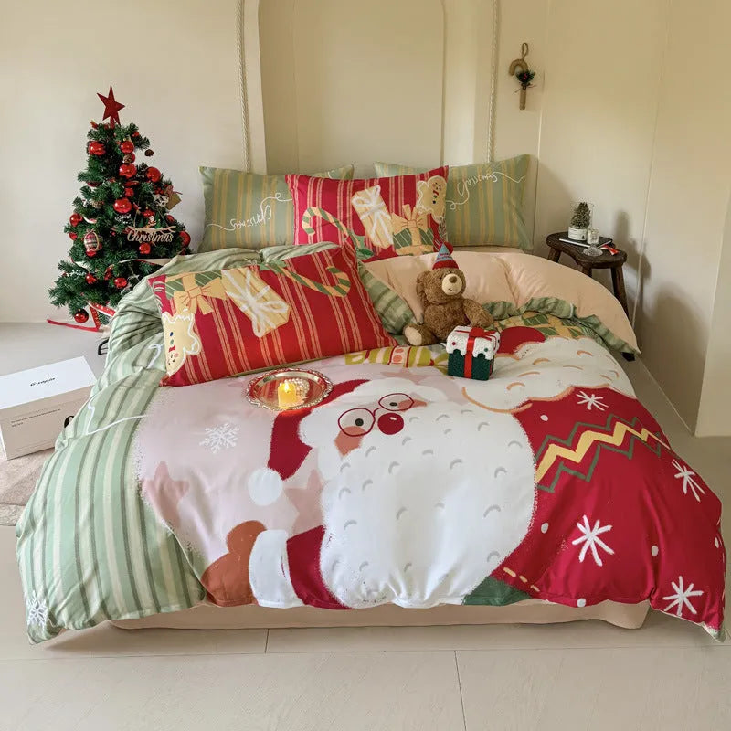 Christmas-themed cartoon printed duvet cover and pillowcase set on a bed, showing Gingerbread Man pattern.