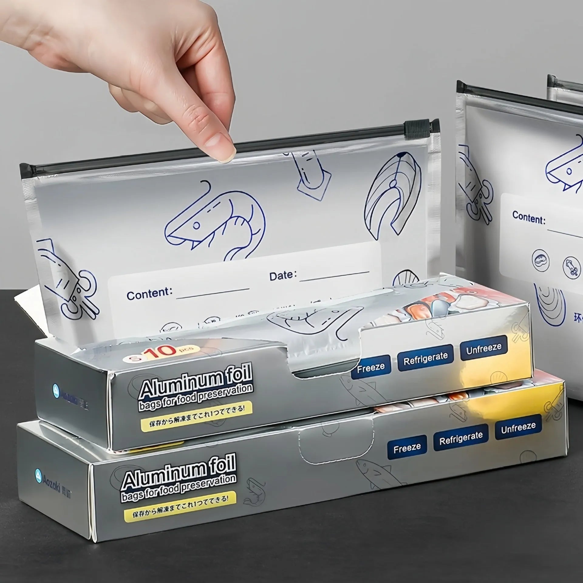 Pack of aluminium foil sealed bags in small, medium, and large sizes with bag and box style options