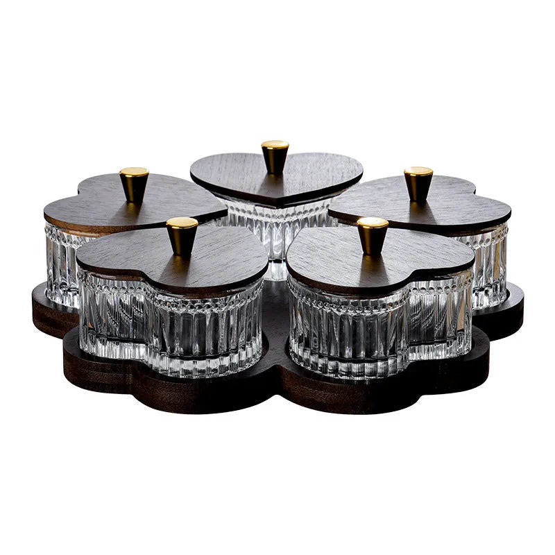 Glass serving platter with heart-shaped lids in a 4-grid configuration on a table