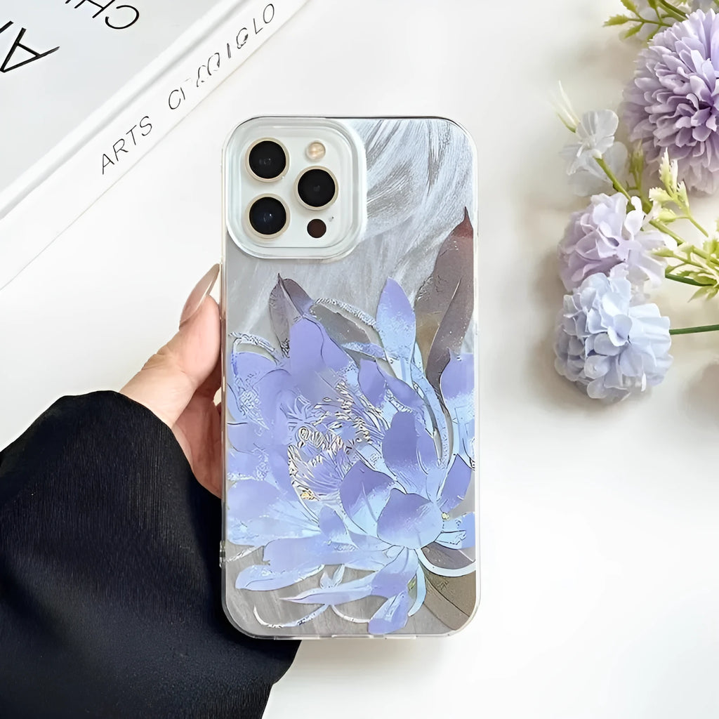 Blue Lotus pattern hard protective case for iPhone on a white background.