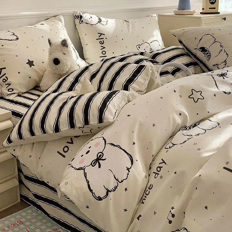 Cartoon dog pattern 100% cotton duvet cover and pillowcases on a single bed with a fitted sheet.