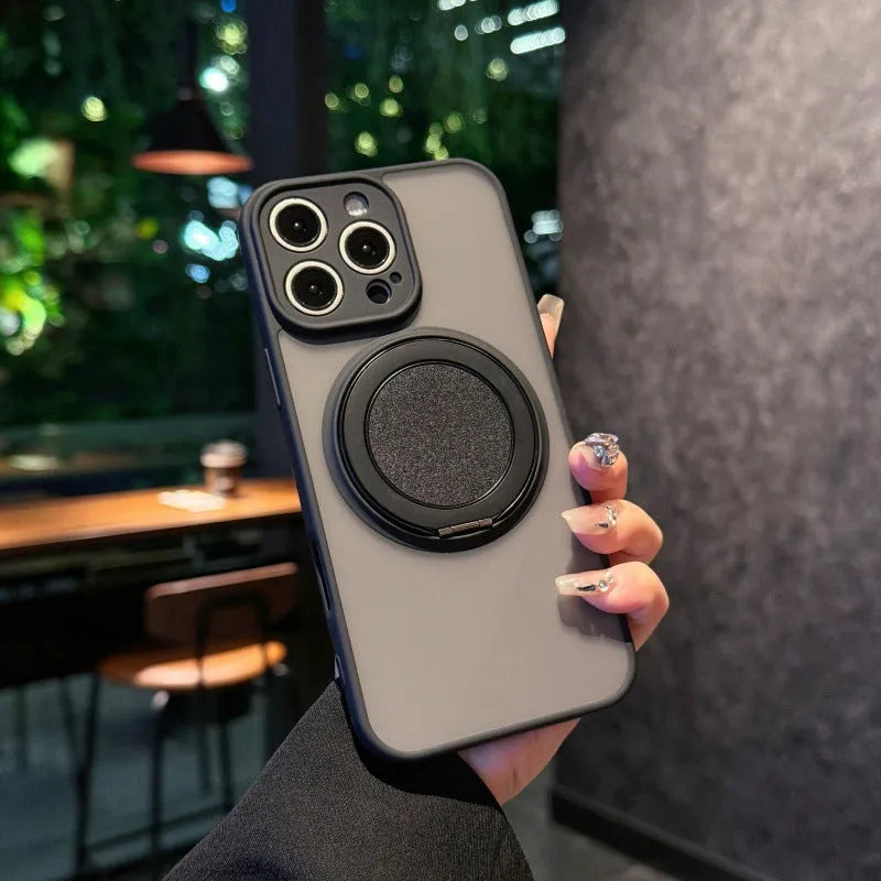 Transparent magnetic iPhone case showing invisible bracket folded out