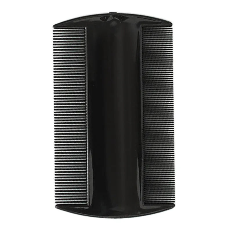 White dual-edge fine-toothed plastic comb for removing lice and fleas, shown on a blue background.